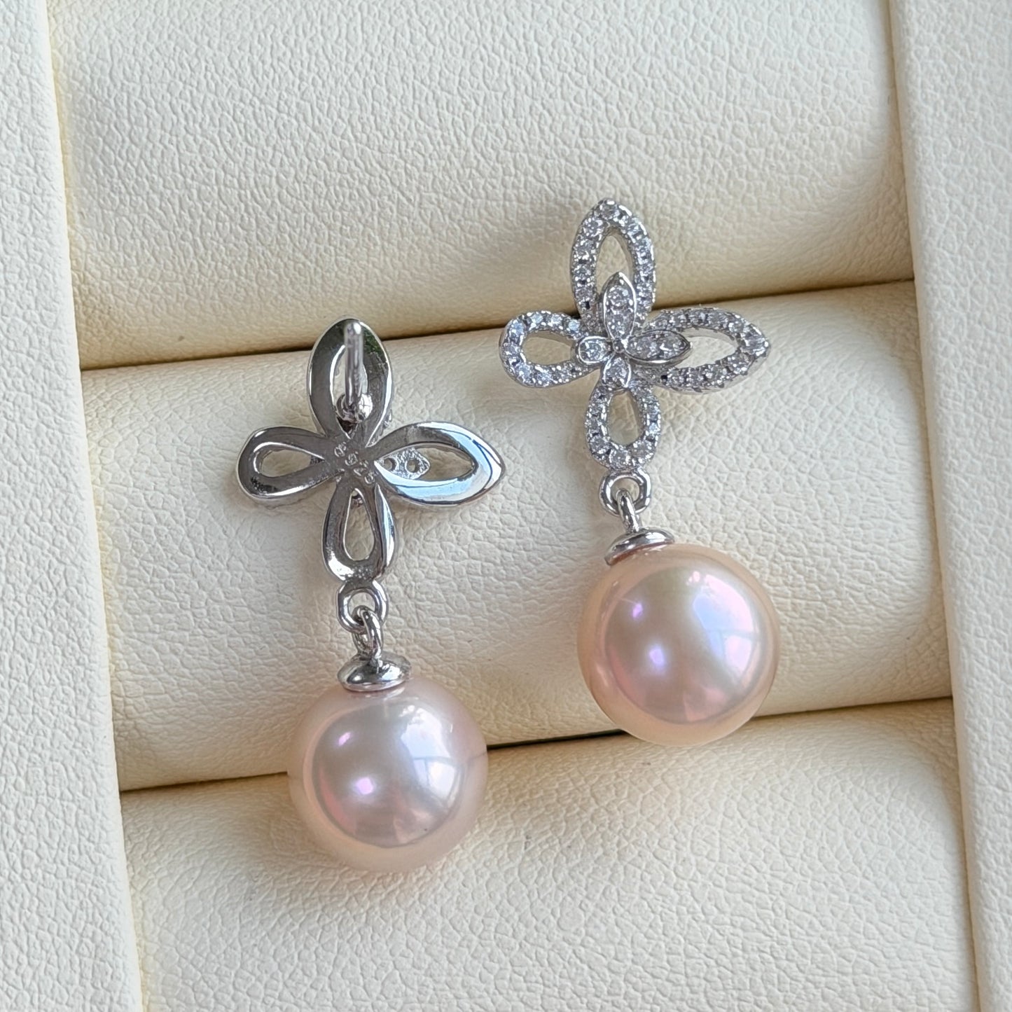 9-10mm Top grade Seedless Round shape Freshwater pearl butterfly earrings s925
