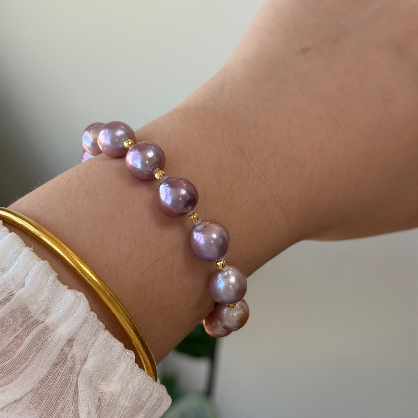 Baroque metallic luster Purple Pink Gold freshwater pearl bracelet s925 with coffee bean charm