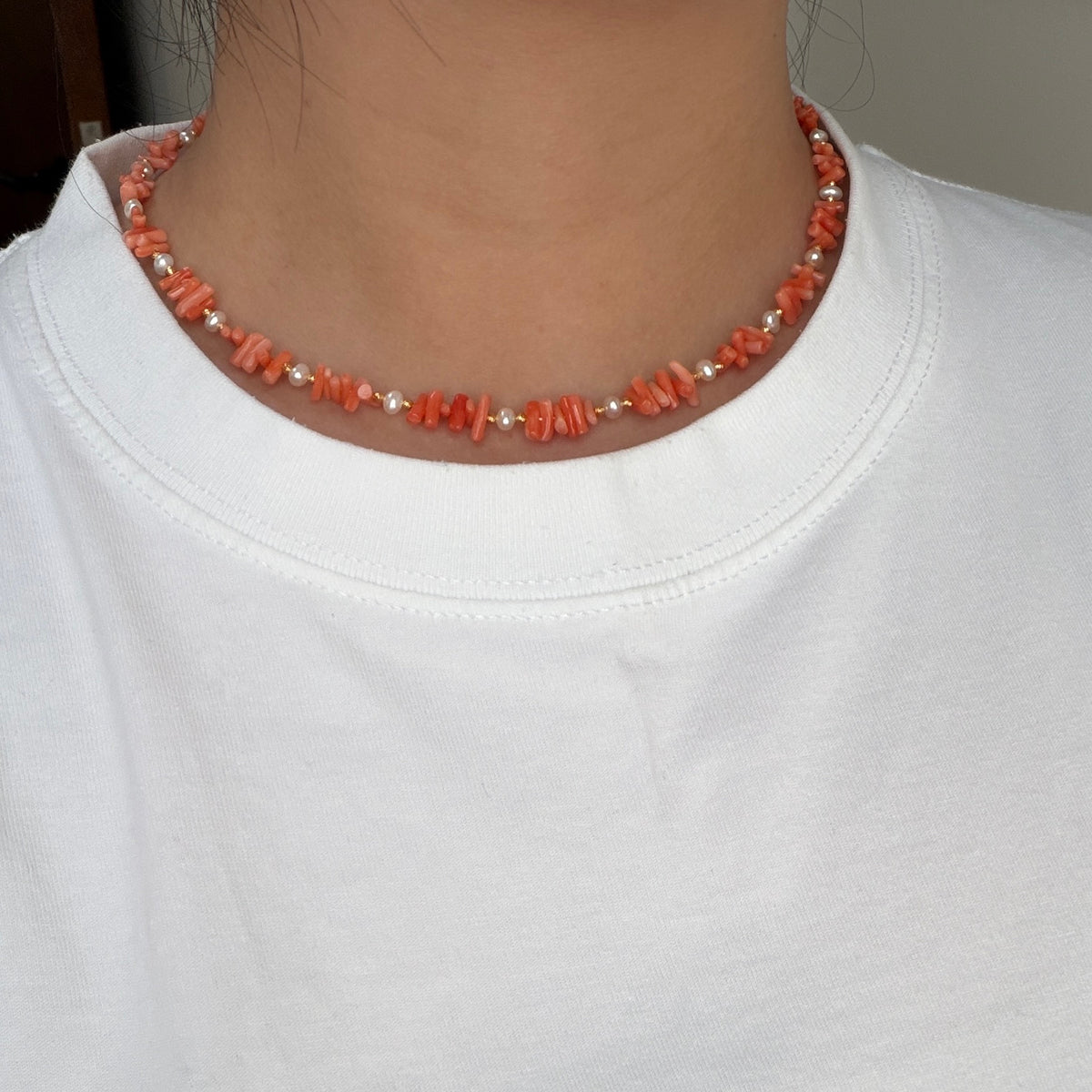Pretty Coral pearl Necklace Dainty Lace organic shape s925