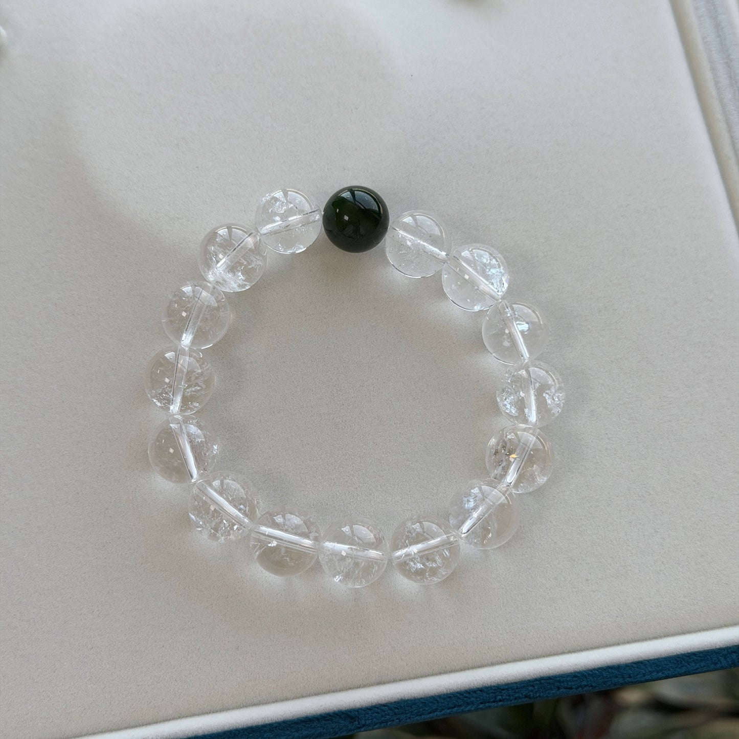 Hetian Jade spinach green with white crystal Azeztulite elastic bracelet