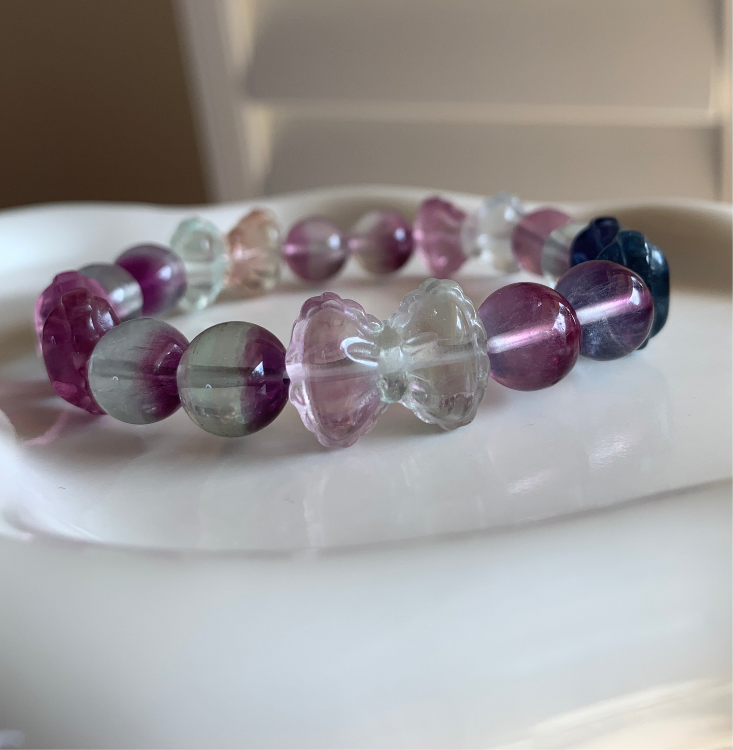 Fluorite Crystal Bracelet bowtie Rainbow with round Fluorite Stone Bracelet, Gemstone Bracelet Beaded Stone Jewelry