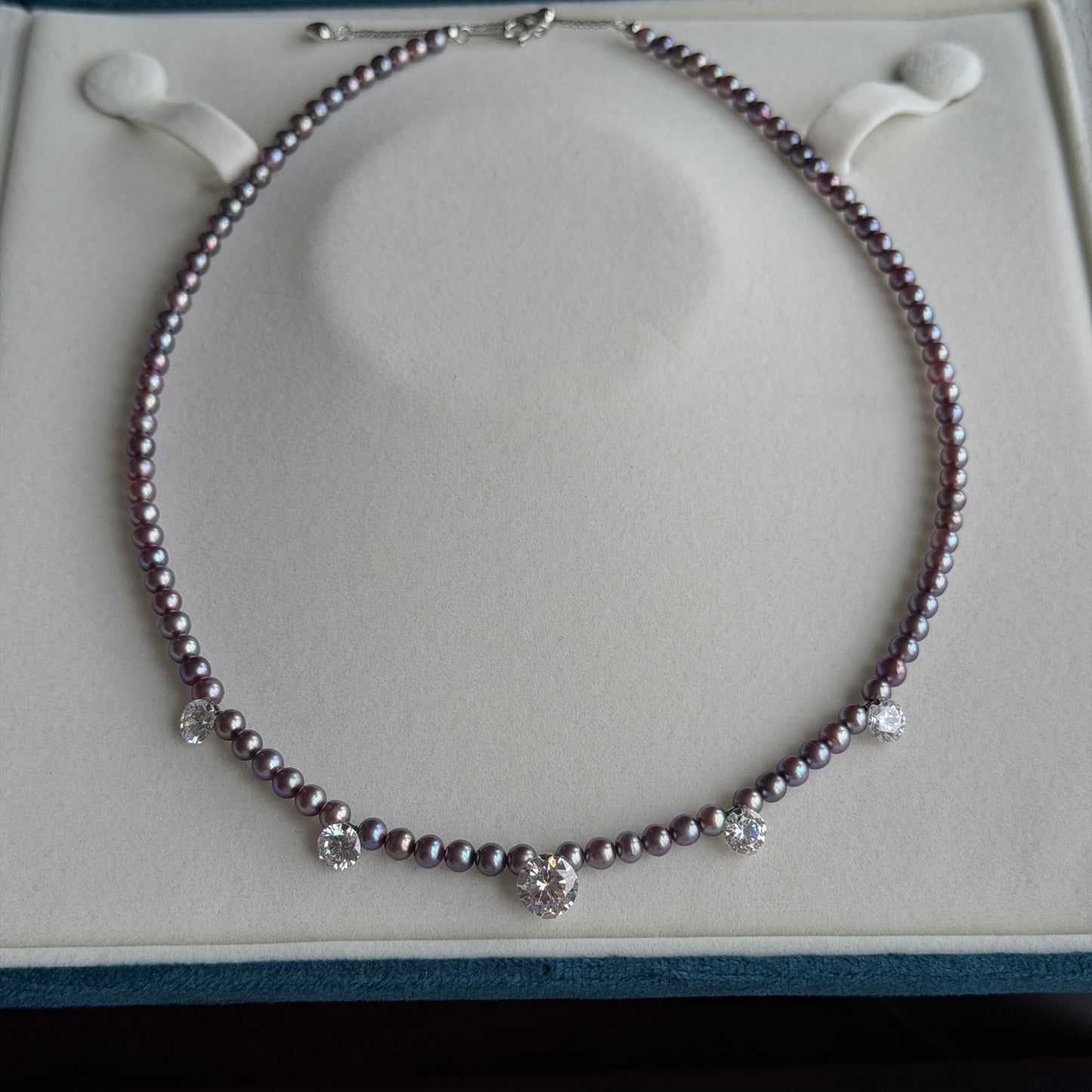 Stunning 4-5mm Metallic luster purple pearl with 5 sparkle zircon stone necklace s925