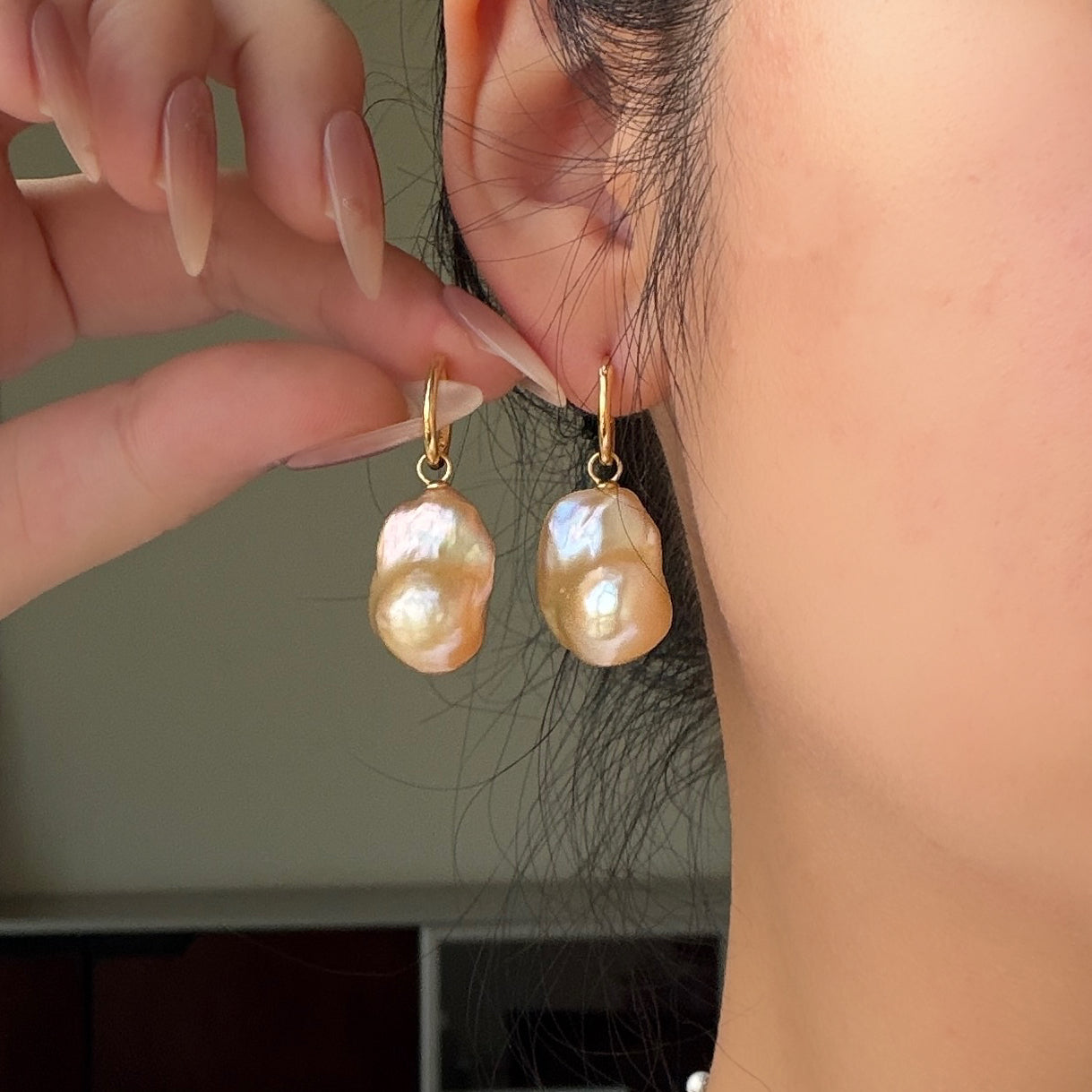 14-16mm Freshwater baroque earrings s925 Hoop style rose golden color