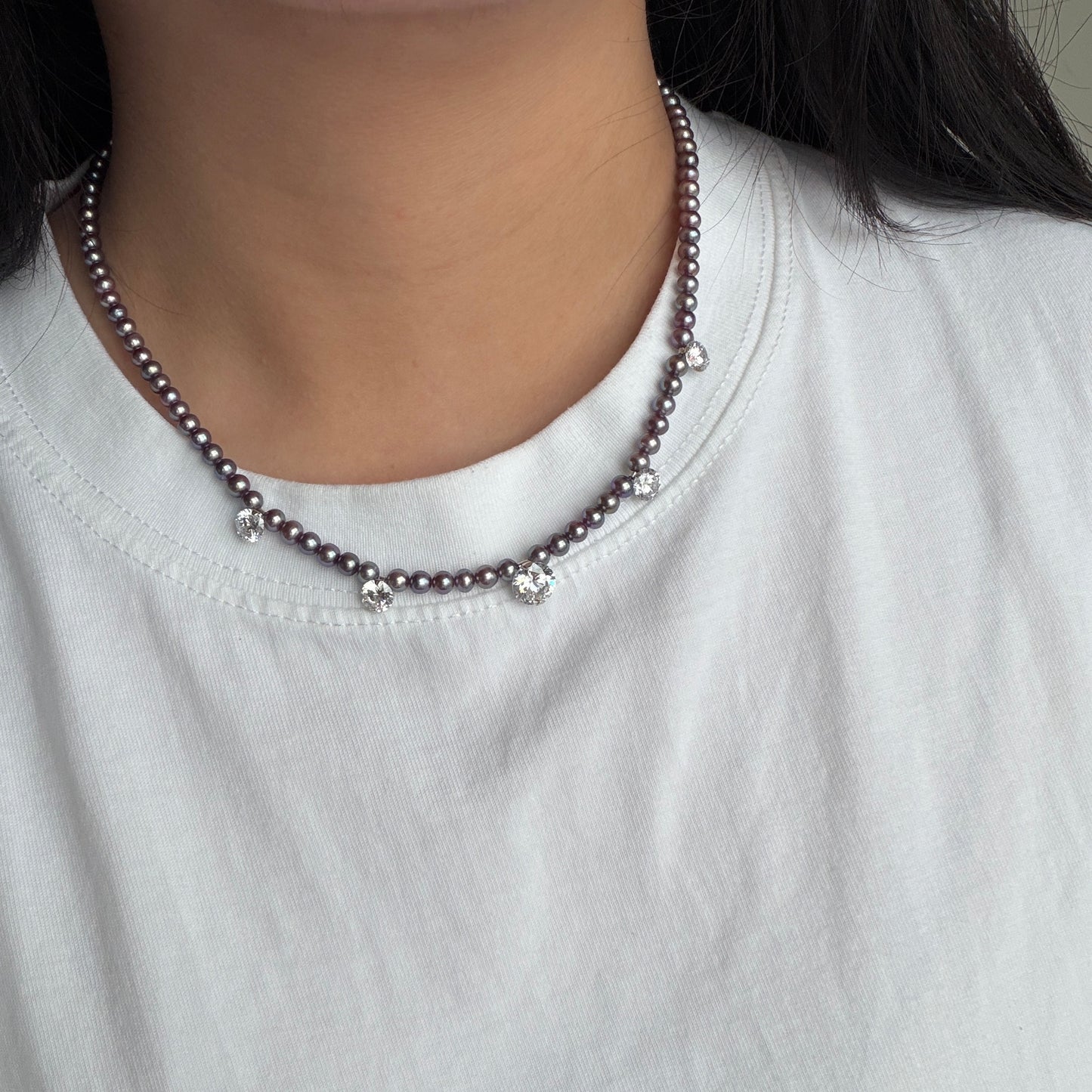 Stunning 4-5mm Metallic luster purple pearl with 5 sparkle zircon stone necklace s925