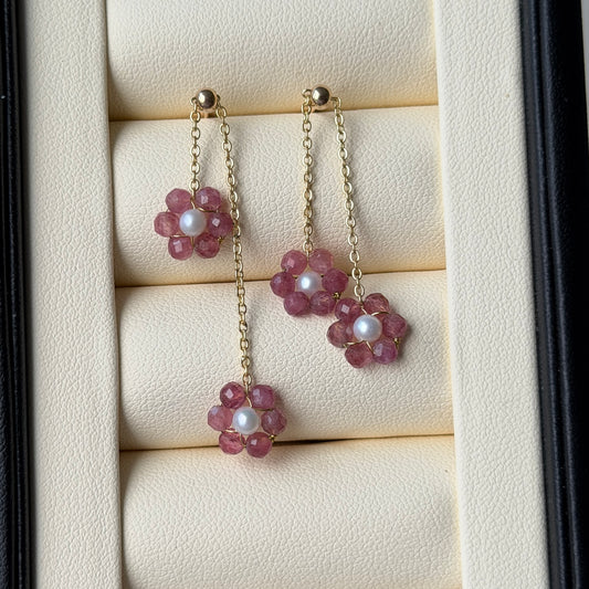 Cute pink flower pearl earrings drop style s925
