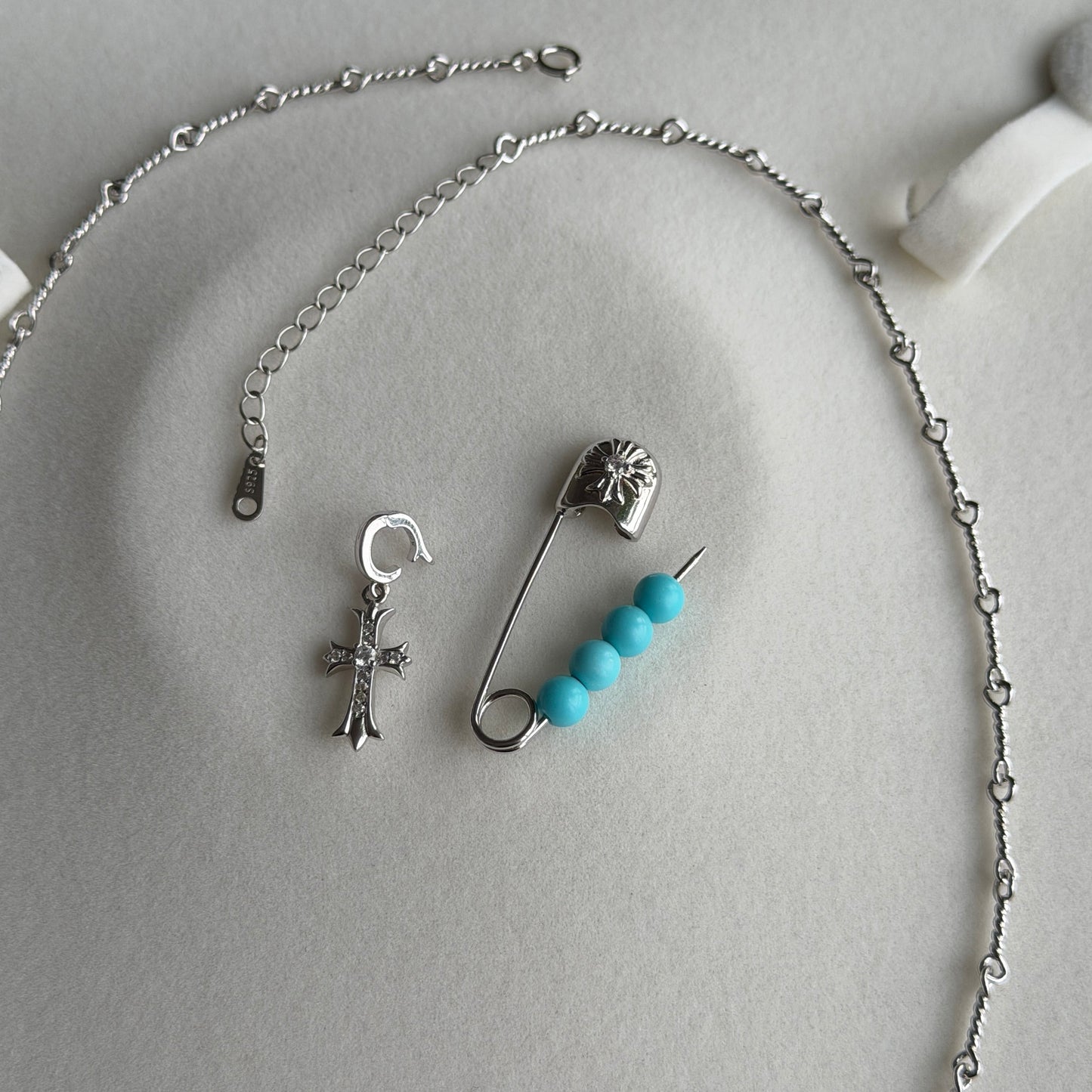 Super fun Chrome Turquoise heart with cross chain necklace s925 rock n roll cool style versatile necklace