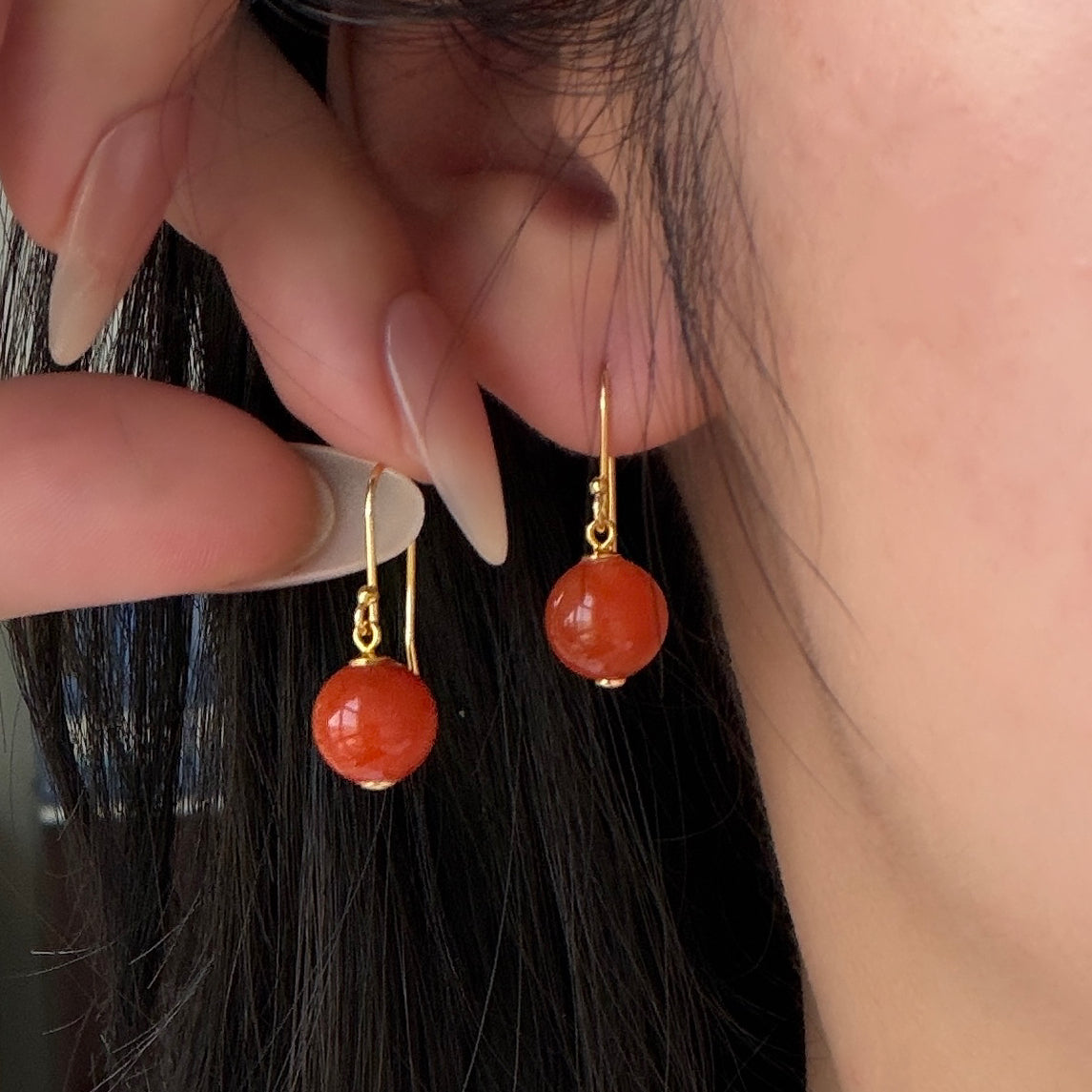 South Red Agate dainty drop earrings s925