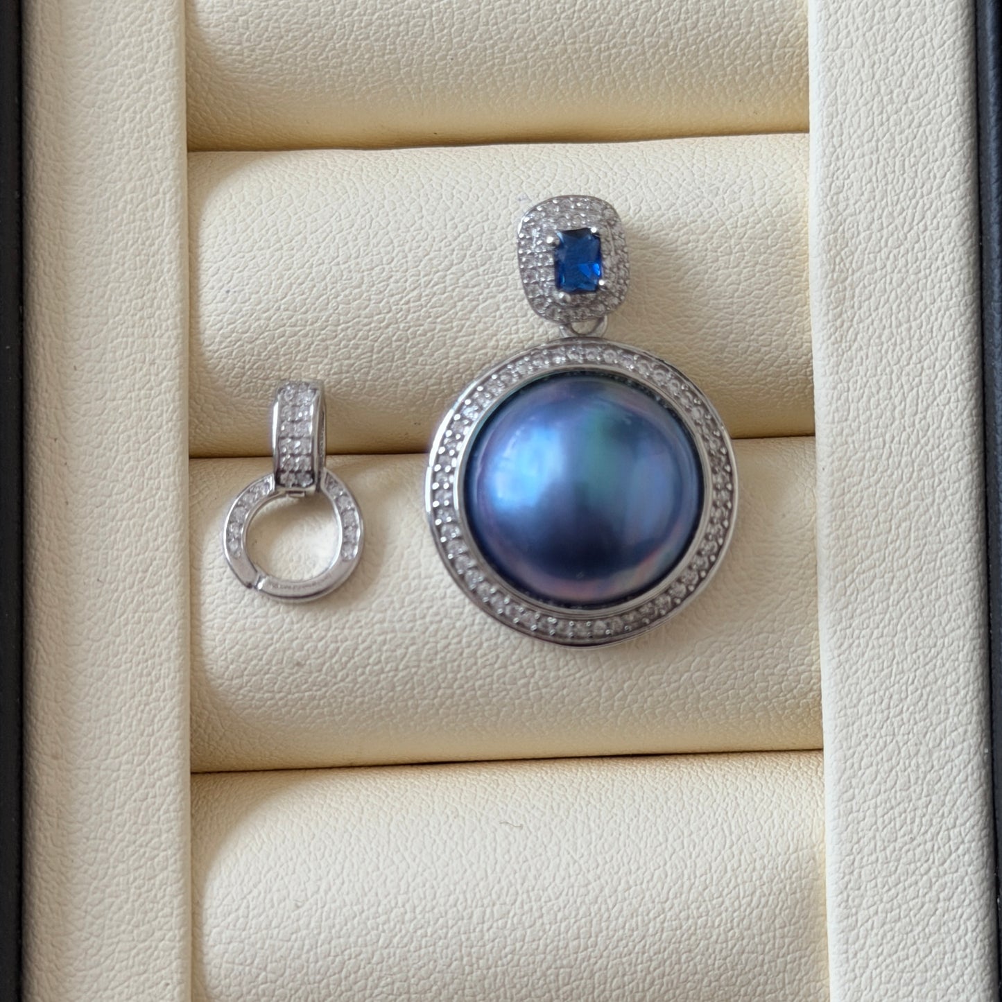 Seawater Mabe Ocean Blue Color Pendant ONLY cz blue stone s925 detachable attachment included Mabe size 14mm Setting 20mm