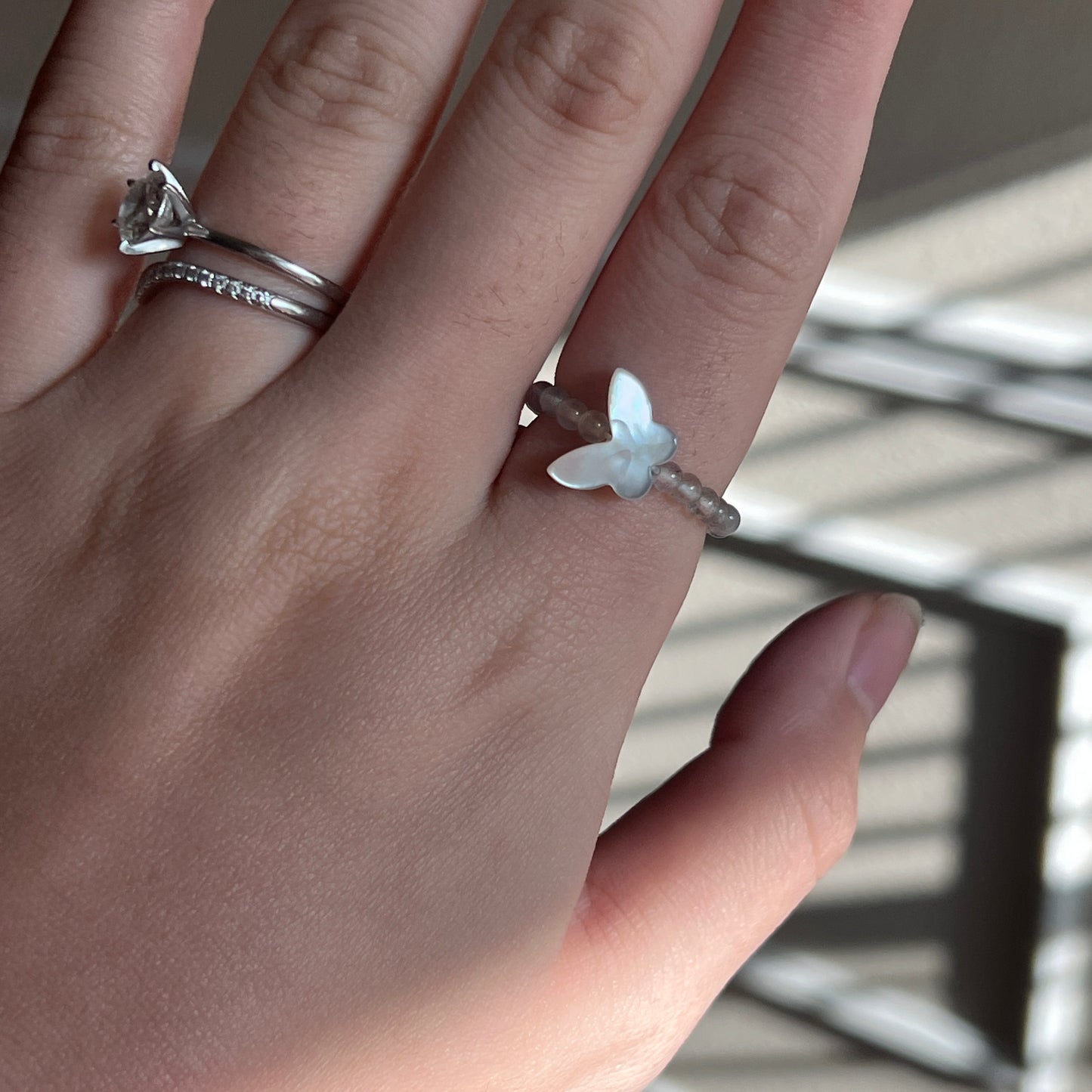 Mother of pearl butterfly ring with moonstone elastic band