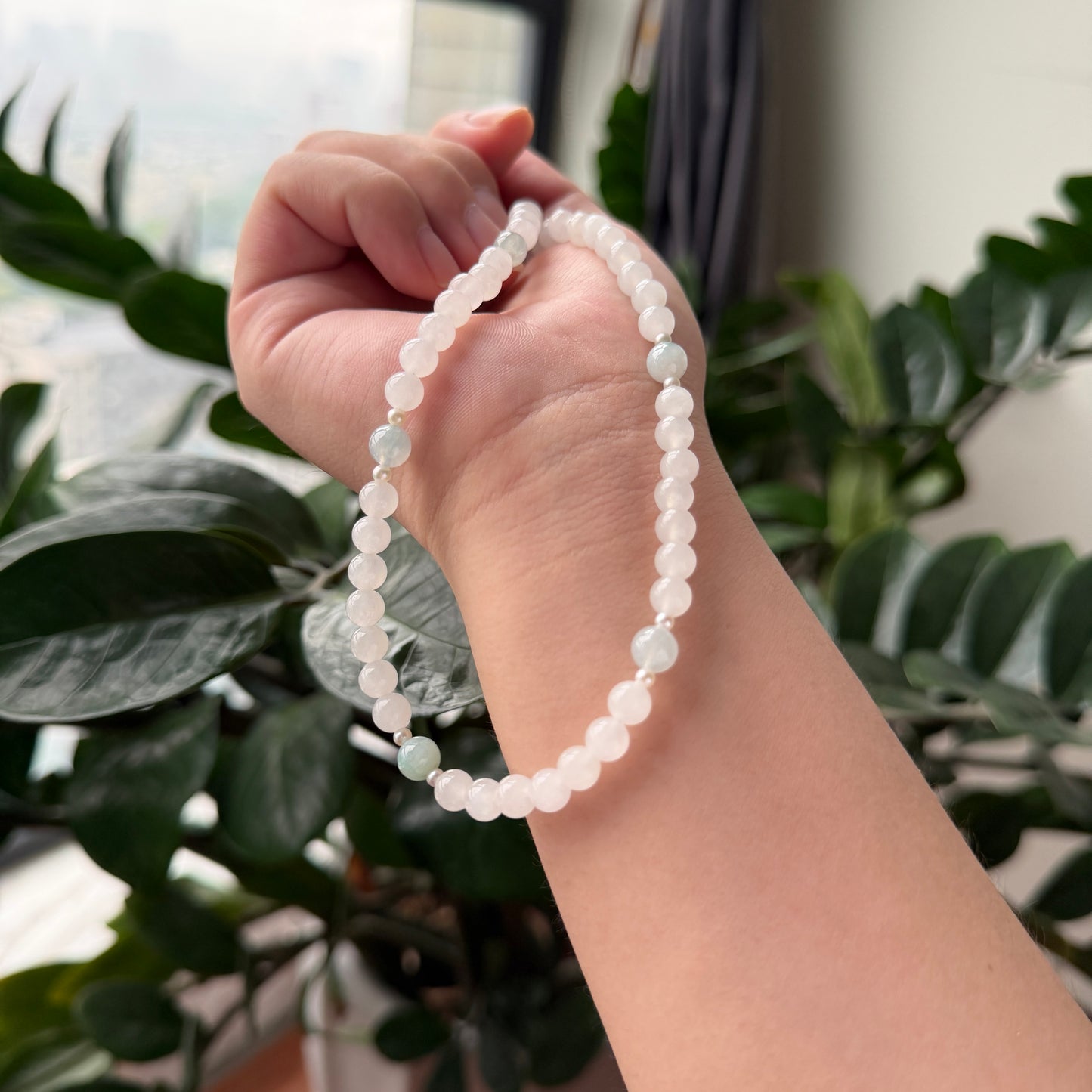 Super Deal Unique Dainty Light green with white Jade Pearl necklace s925