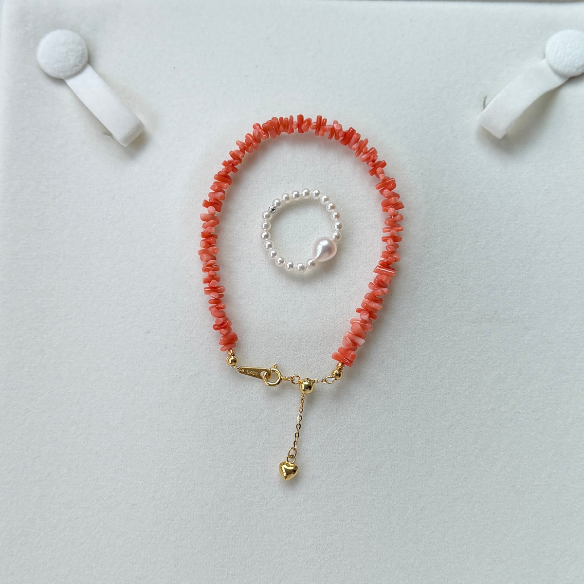 Coral Bracelet with Freshwater pearl elastic ring s925