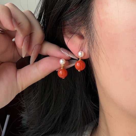 Double drop earrings south red agate with Akoya Pearl s925