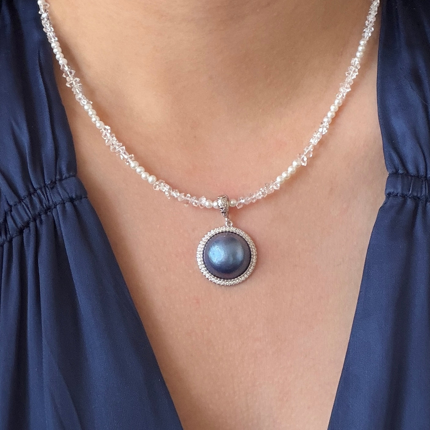 Ocean Blue Mabe pendant ONLY s925 detachable style Mabe size 14.8mm Setting 19mm