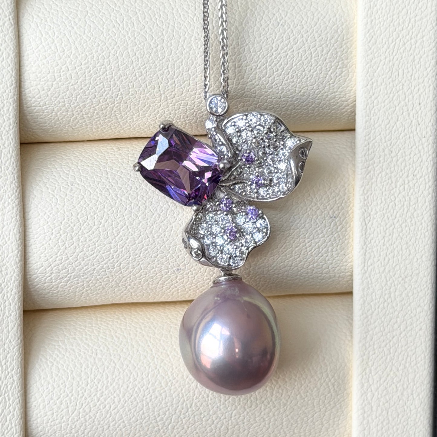 12mm metallic purple oval pearl Luxury Cz stone flower necklace s925