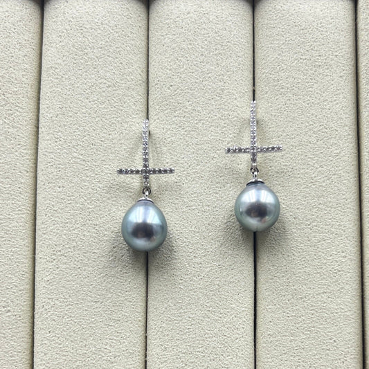 Platinum Gray Black Tahitian Pearl Cross Style Earrings s925