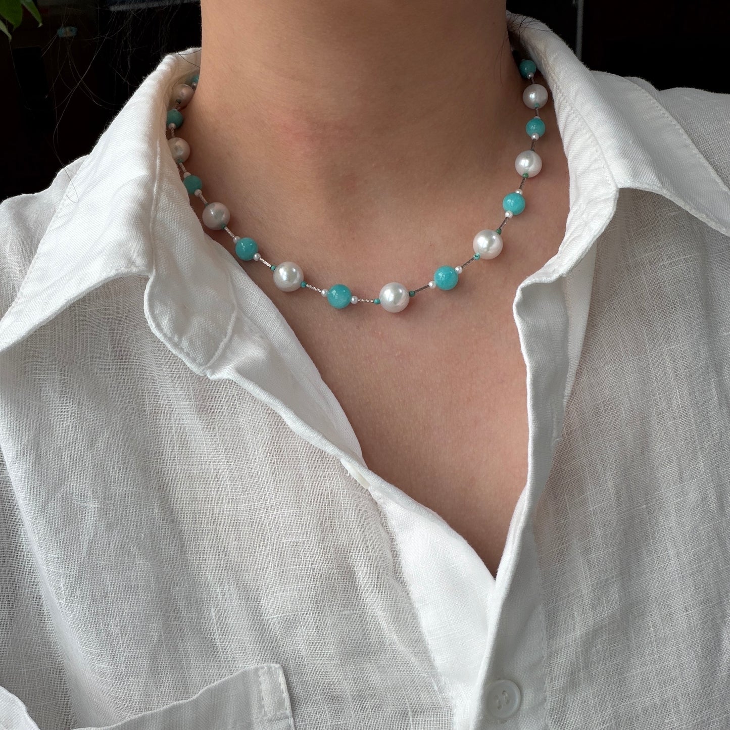 【Tiffany Bay】Amazonite Edison Pearl Turquoise Necklace s925