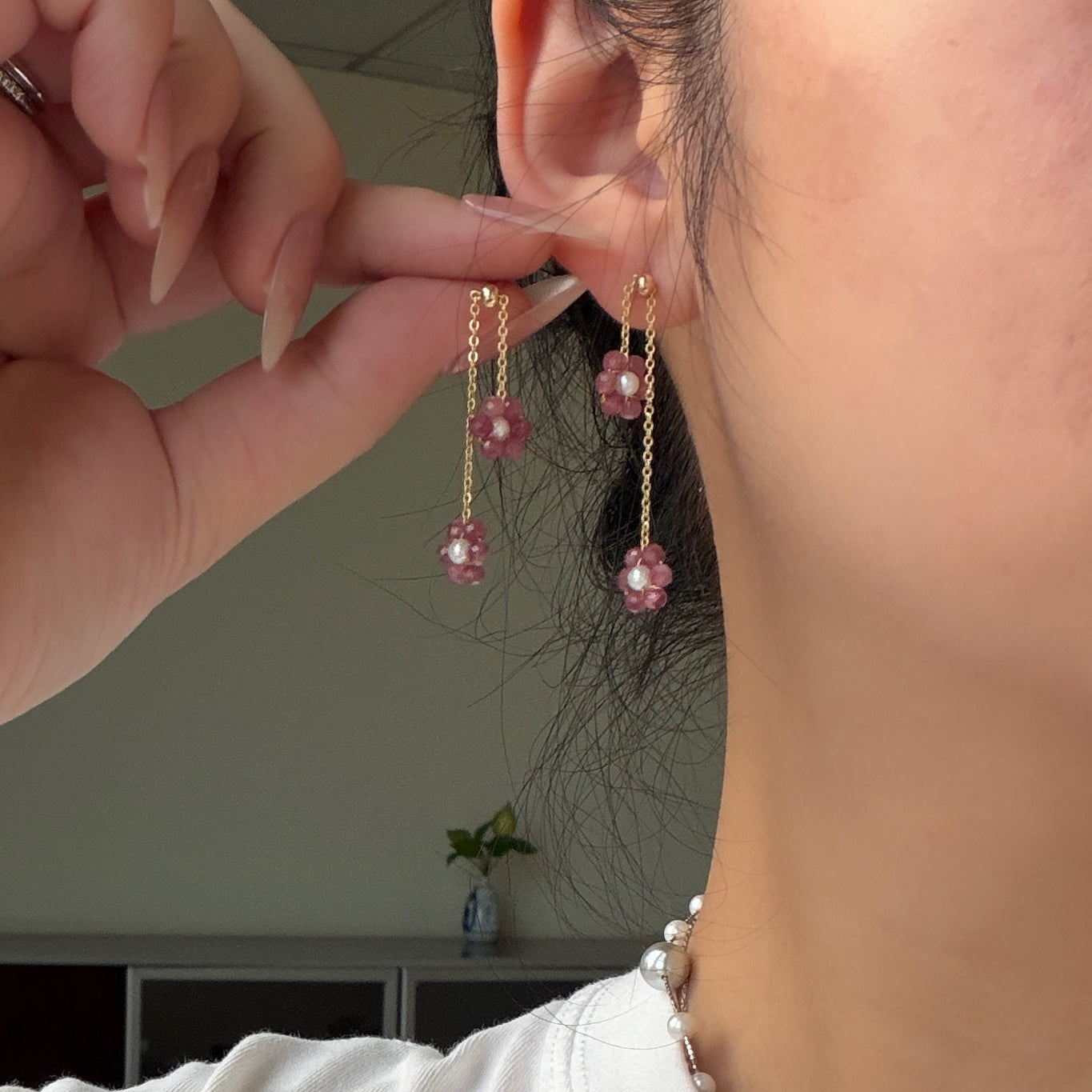 Cute pink flower pearl earrings drop style s925