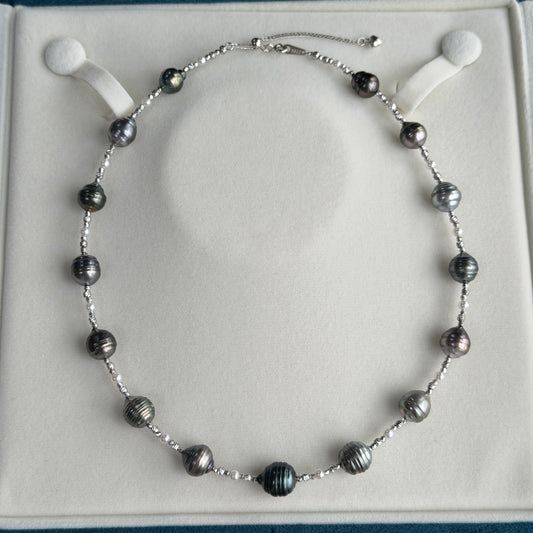 Stunning Starry Night Black Tahitian Freshwater pearl necklace s925