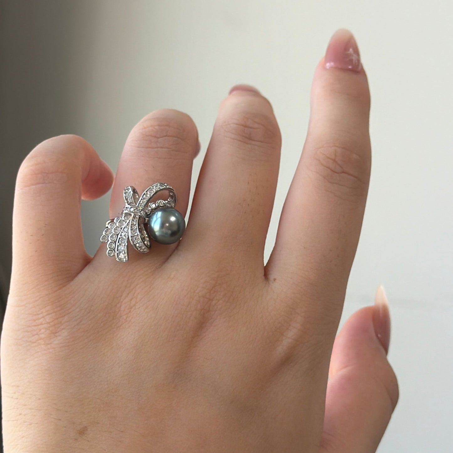 Black Tahitian pearl luxury bow cz stone ring s925
