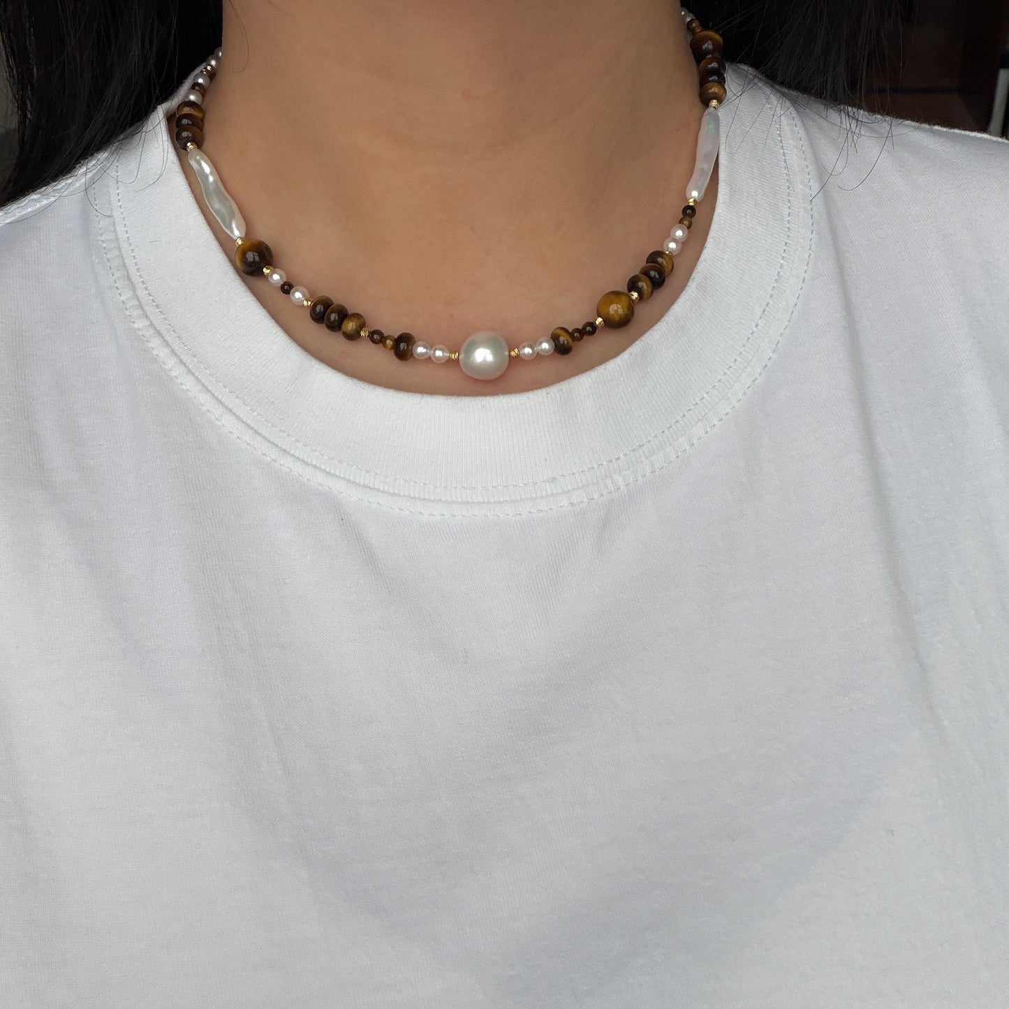 Stylish Tiger eye pearl necklace s925