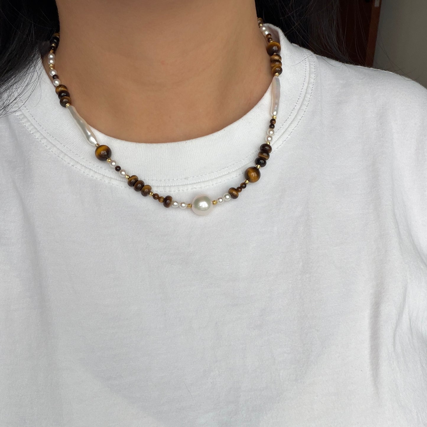 Stylish Tiger eye pearl necklace s925