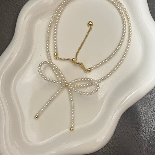 Handmade Bowtie Freshwater pearl Necklace s925 Length 17-18.5in