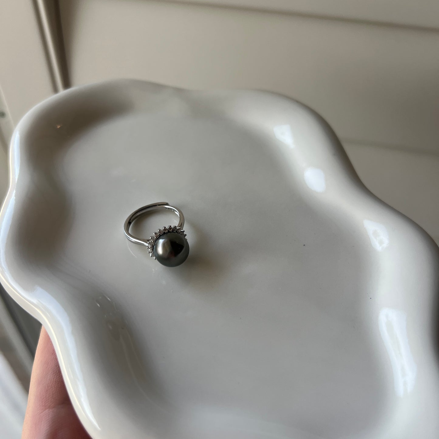 Black Tahitian pearl sunflower design ring s925 size adjustable