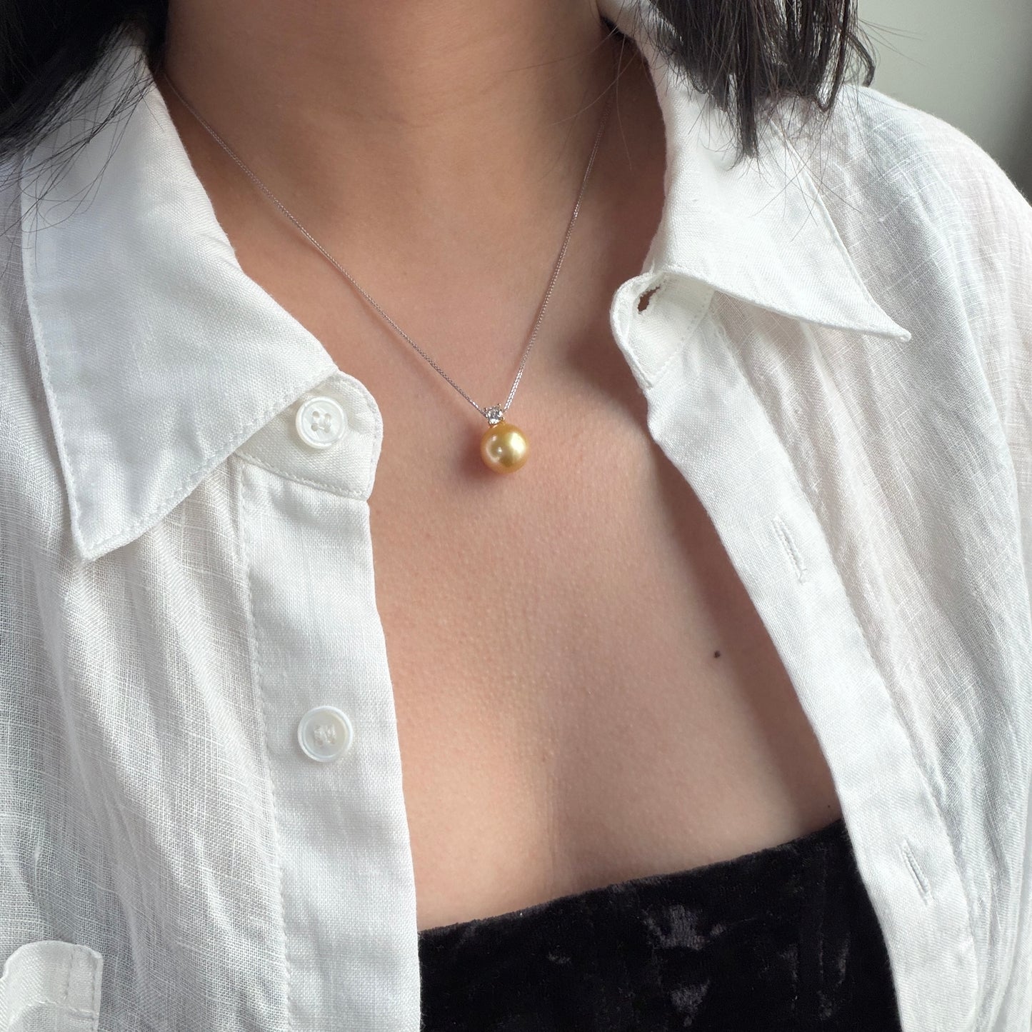 11.2mm rich gold south sea golden pearl Princess style necklace s925 cz stone