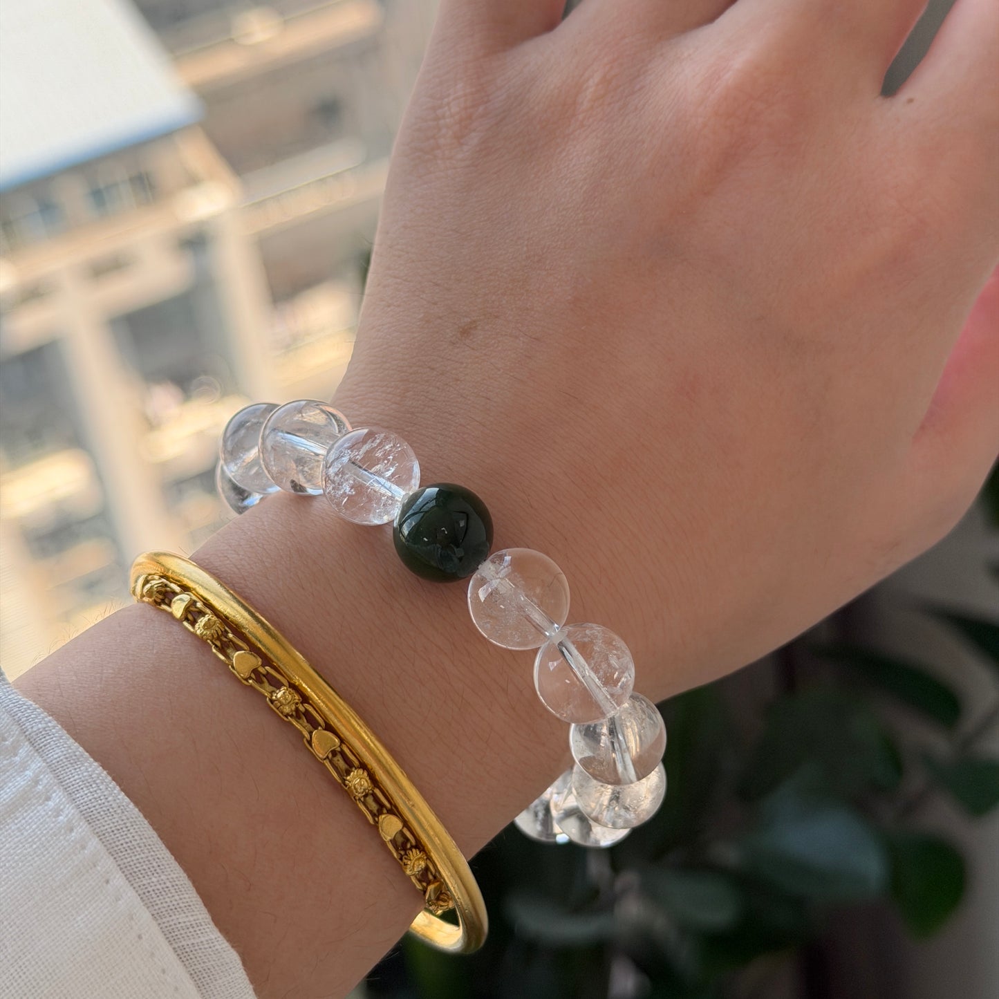 Hetian Jade spinach green with white crystal Azeztulite elastic bracelet