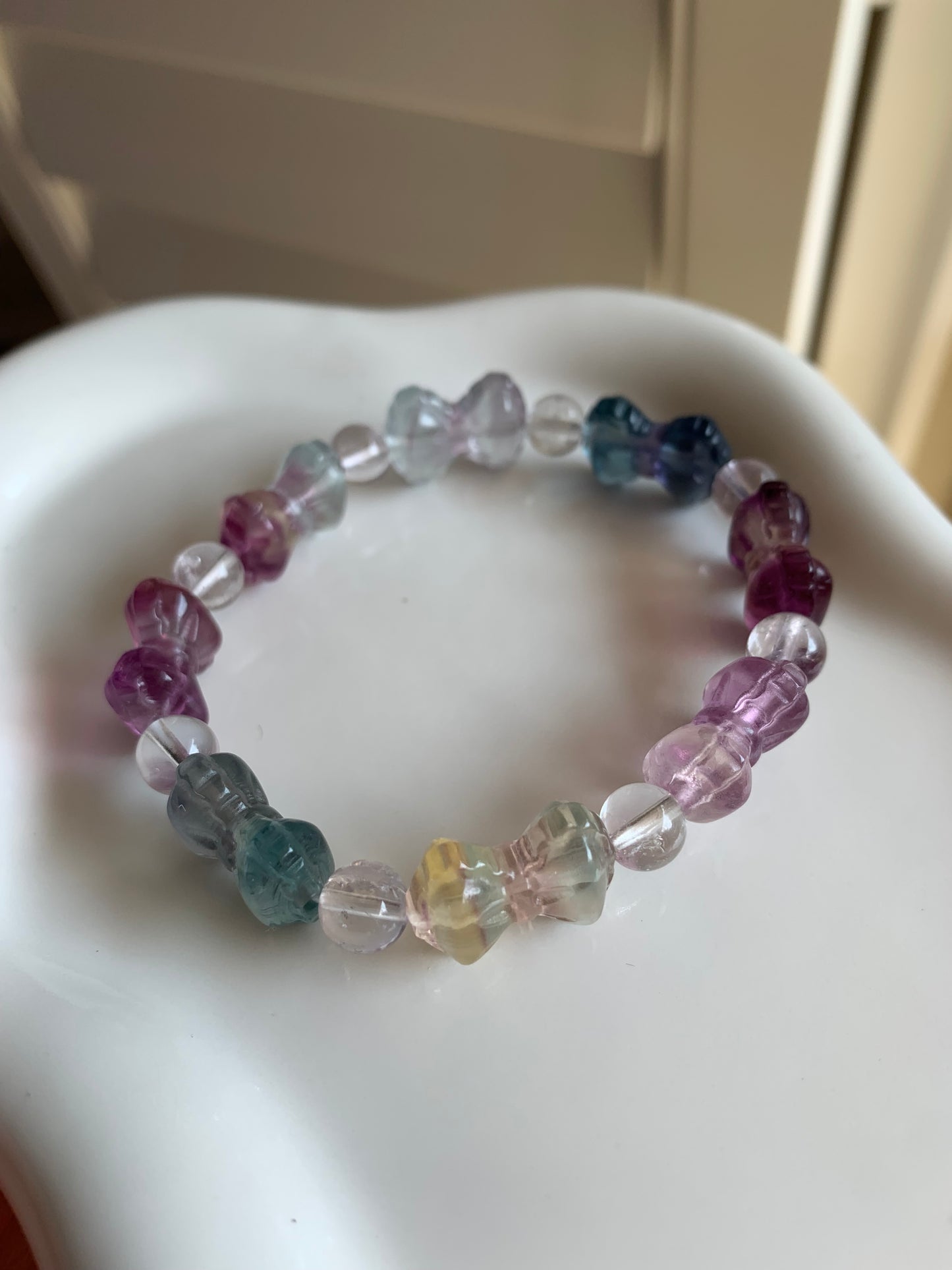 Fluorite Crystal Bracelet Bowtie Rainbow Fluorite Stone Bracelet, round crystal Gemstone Bracelet Beaded Stone Jewelry