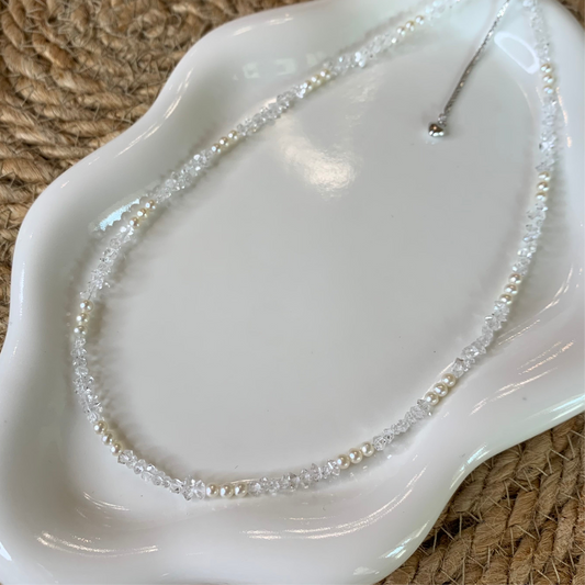 【Sparkle Whisper】White quartz with baby freshwater pearl necklace s925
