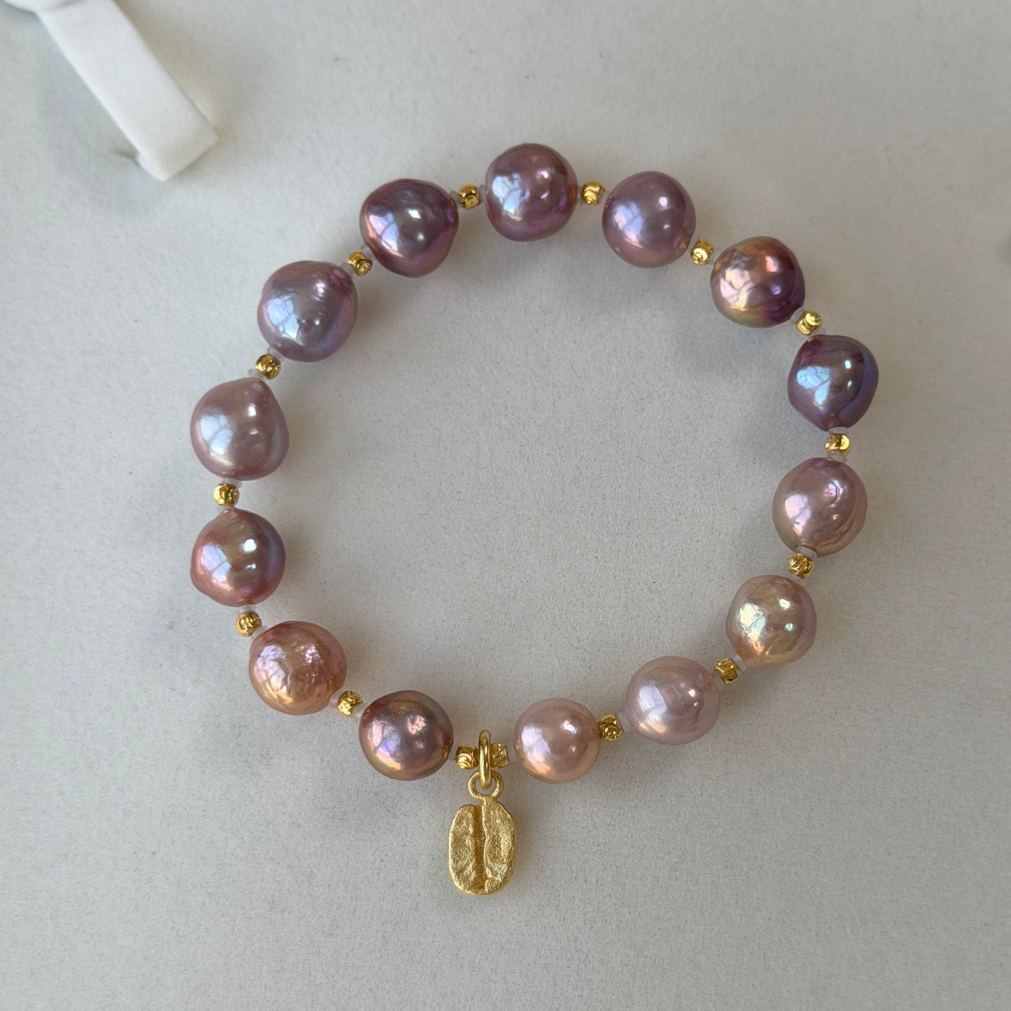 Baroque metallic luster Purple Pink Gold freshwater pearl bracelet s925 with coffee bean charm