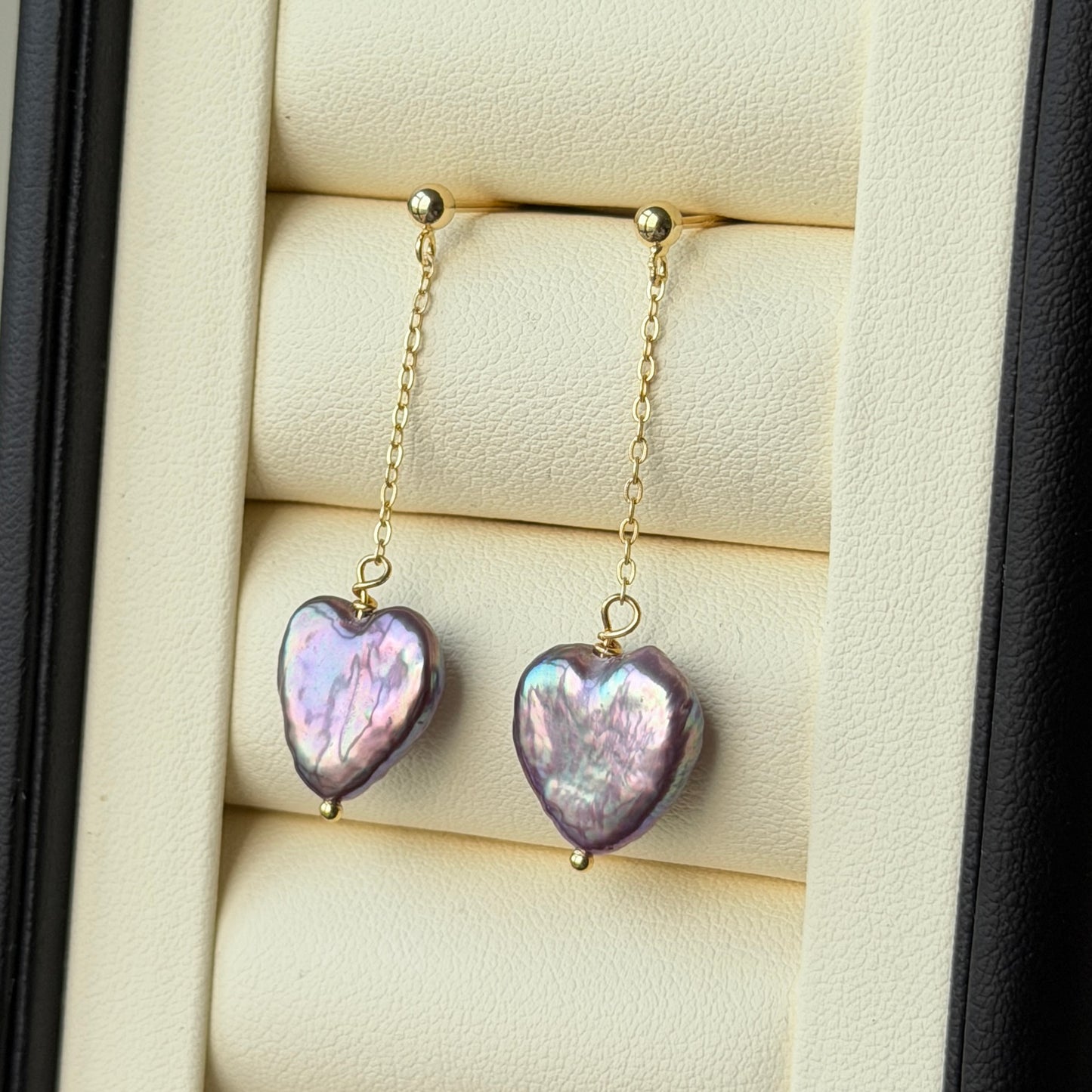 Purple metallic heart pearl flowy earrings s925 12-13mm