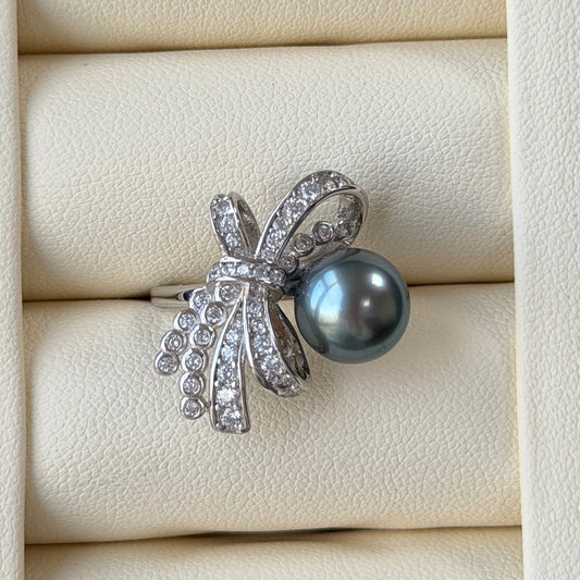Black Tahitian pearl luxury bow cz stone ring s925