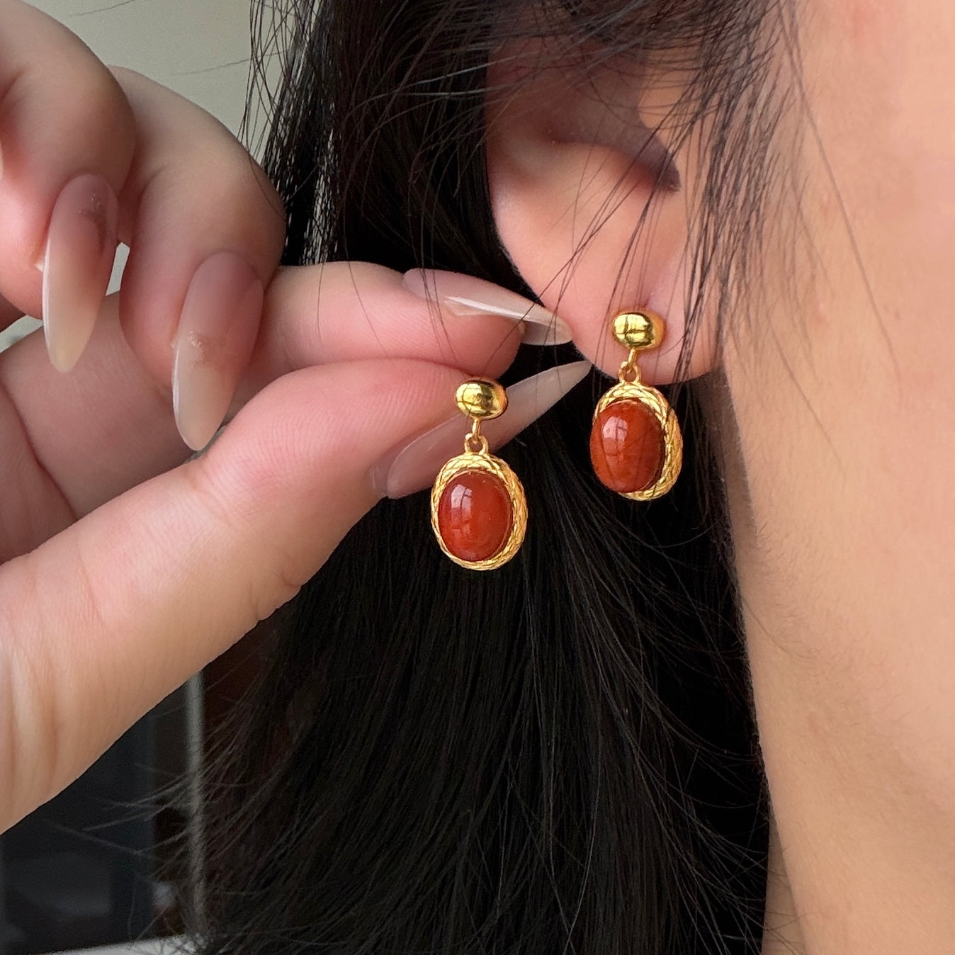 Vintage oval shape south red agate earrings s925