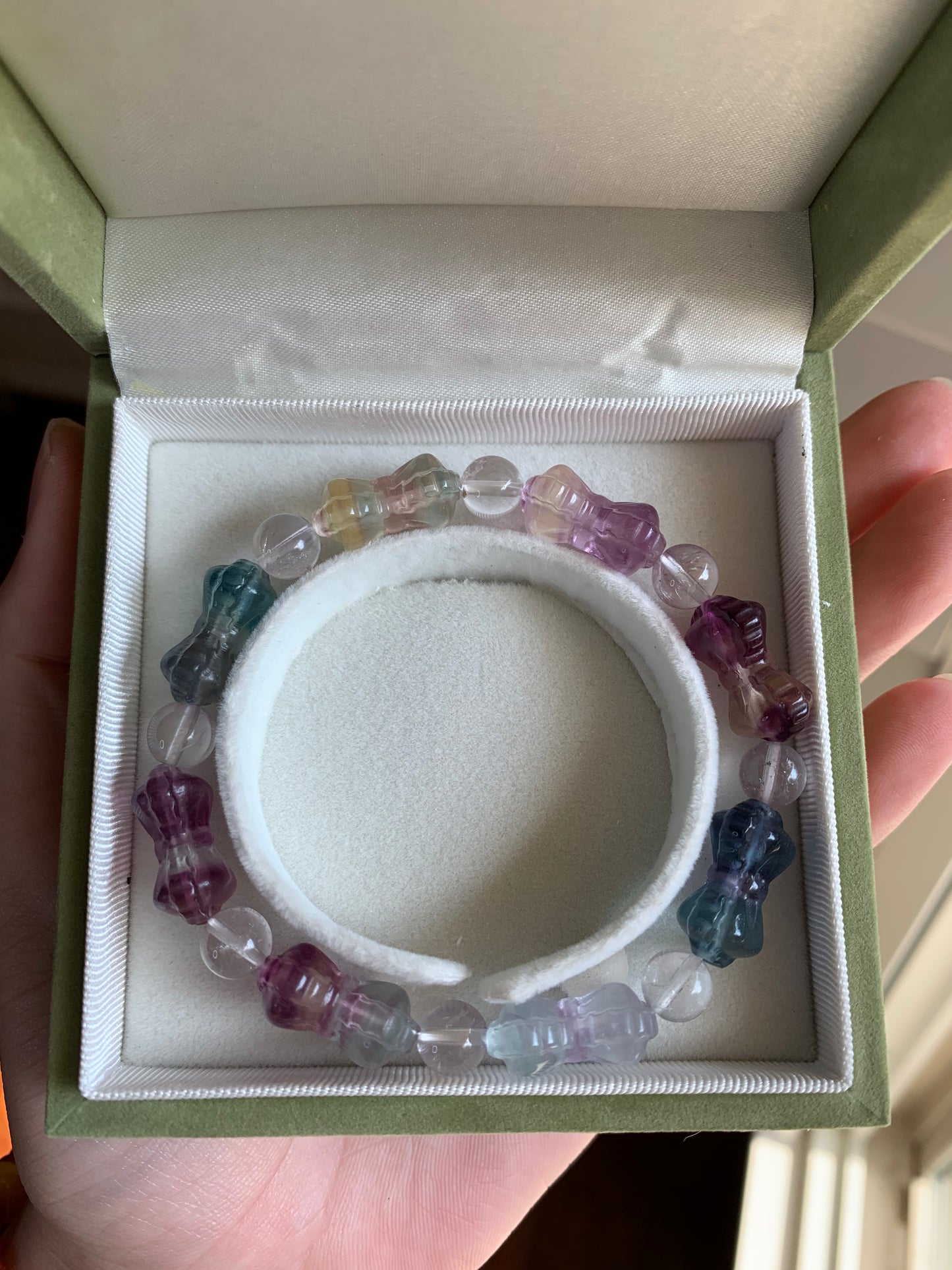 Fluorite Crystal Bracelet Bowtie Rainbow Fluorite Stone Bracelet, round crystal Gemstone Bracelet Beaded Stone Jewelry