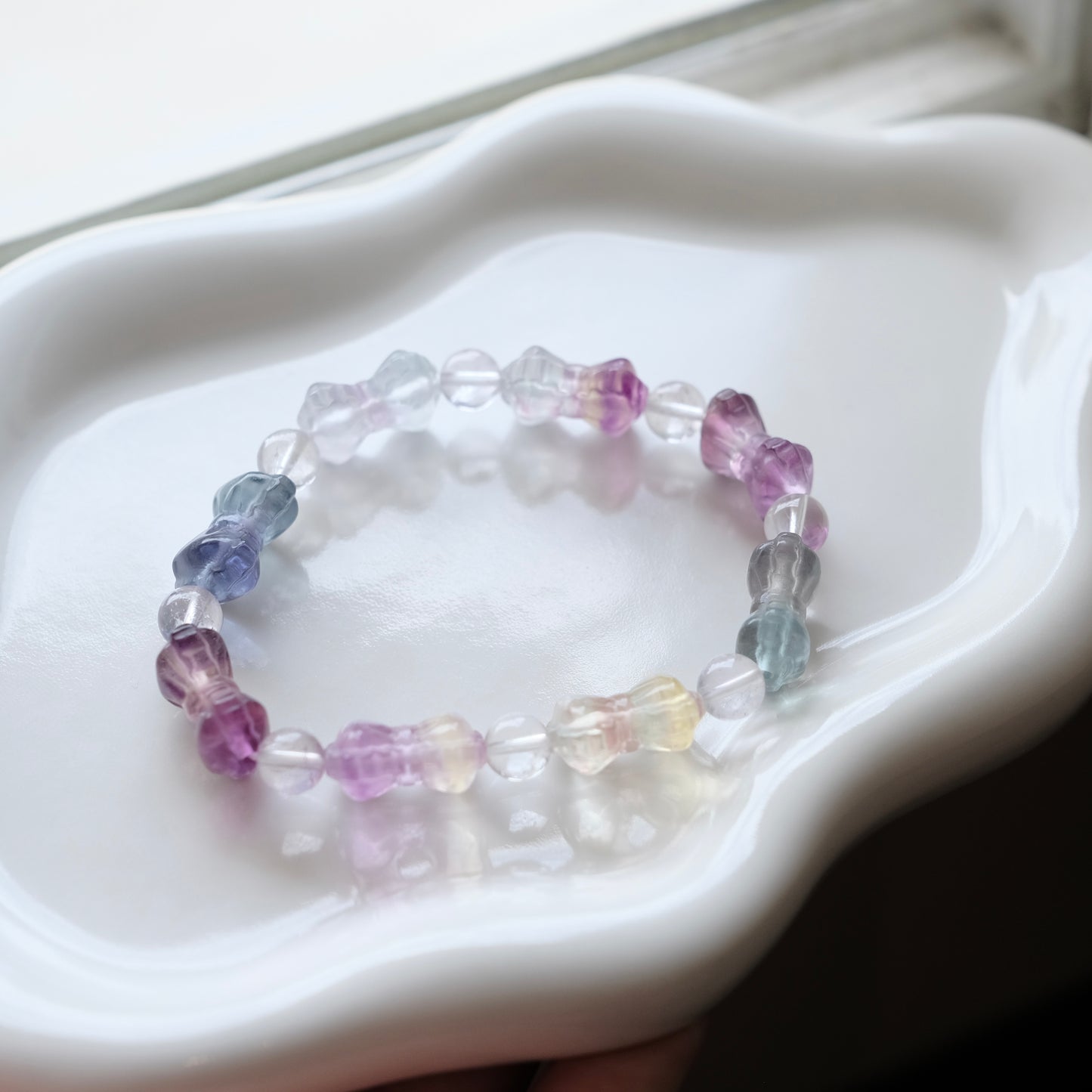 Fluorite Crystal Bracelet Bowtie Rainbow Fluorite Stone Bracelet, round crystal Gemstone Bracelet Beaded Stone Jewelry