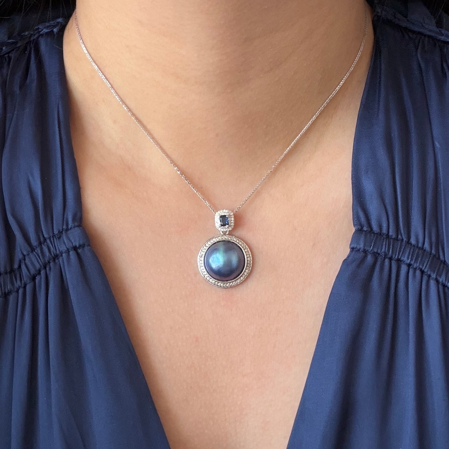 Seawater Mabe Ocean Blue Color Pendant ONLY cz blue stone s925 detachable attachment included Mabe size 14mm Setting 20mm