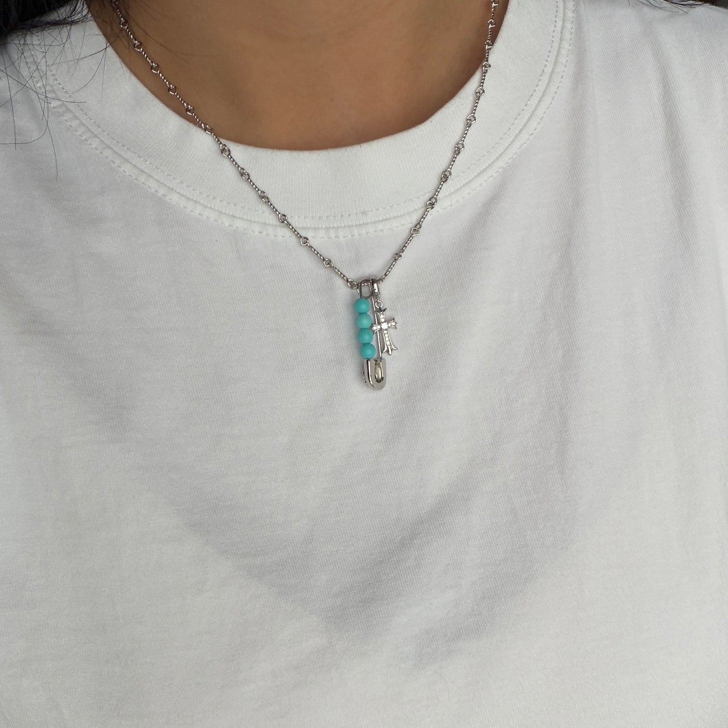 Super fun Chrome Turquoise heart with cross chain necklace s925 rock n roll cool style versatile necklace