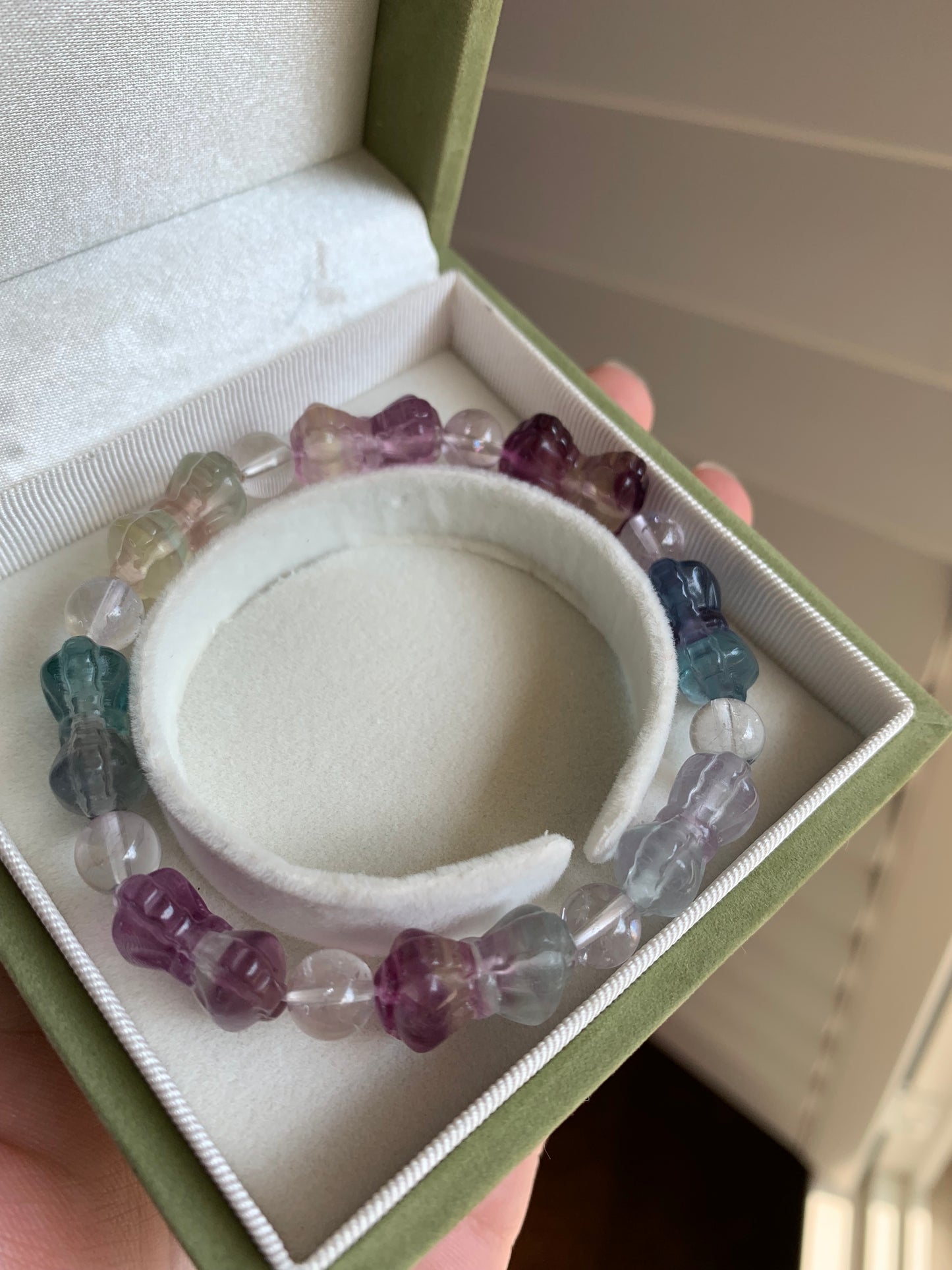 Fluorite Crystal Bracelet Bowtie Rainbow Fluorite Stone Bracelet, round crystal Gemstone Bracelet Beaded Stone Jewelry
