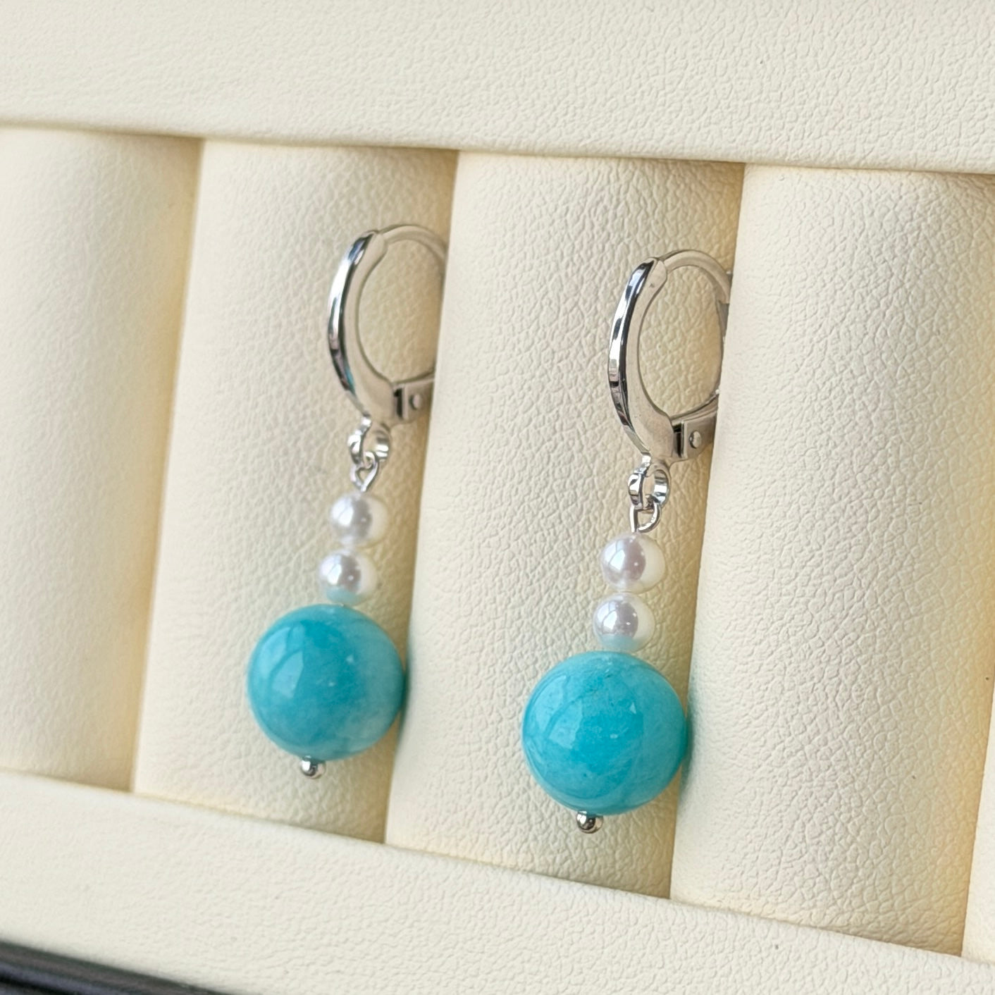 Tiffany blue color Amazonite pearl earring hoop style s925