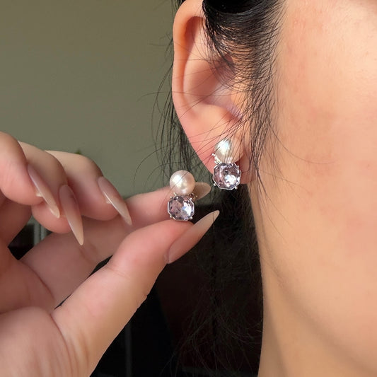 Hold for Kim 8-9mm Baroque akoya pinky tone beautiful luster purple cz stone clip-on earrings Alloy