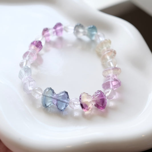 Fluorite Crystal Bracelet Bowtie Rainbow Fluorite Stone Bracelet, round crystal Gemstone Bracelet Beaded Stone Jewelry