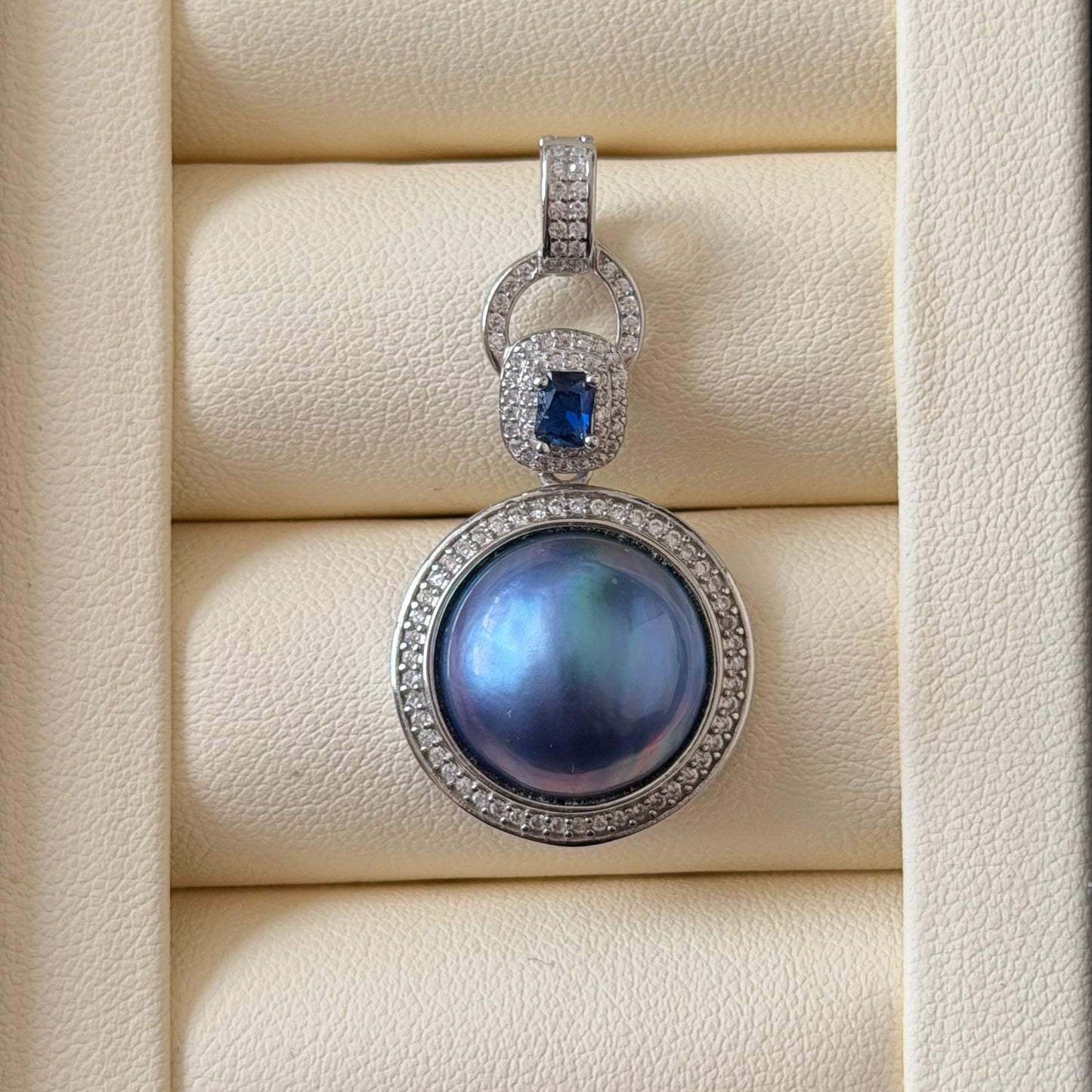Seawater Mabe Ocean Blue Color Pendant ONLY cz blue stone s925 detachable attachment included Mabe size 14mm Setting 20mm