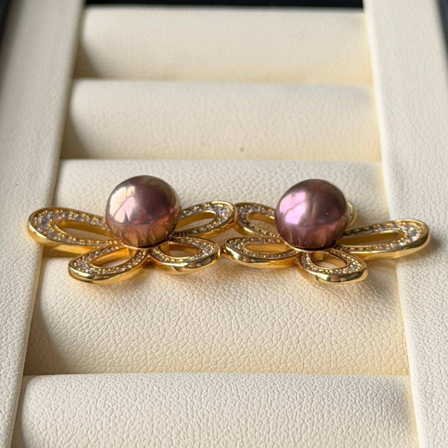Golden Flower Metallic metal purple pearl earrings s925 cz stones