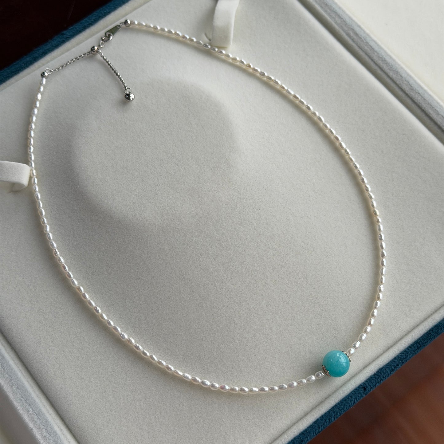 Stunning Tiffany Blue color Natural Amazonite stone 9-10mm with 2.5mm freshwater keshi fs s925