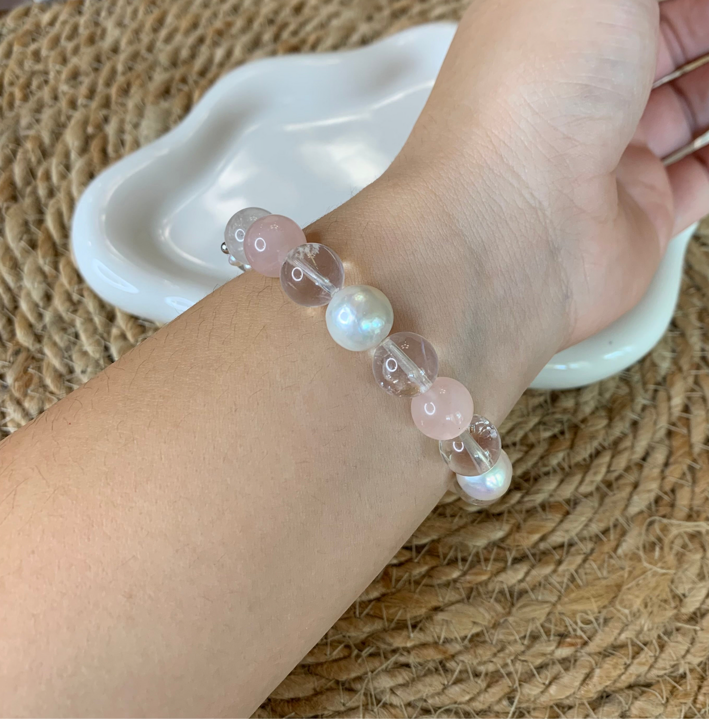 Rose quartz clear Crystal with freshwater pearl bracelet