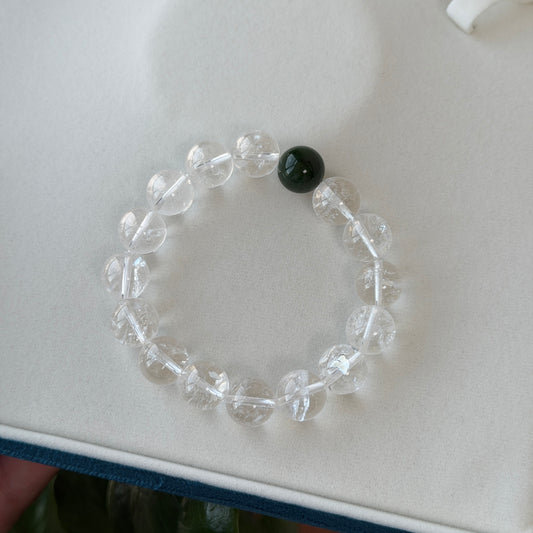 Hetian Jade spinach green with white crystal Azeztulite elastic bracelet