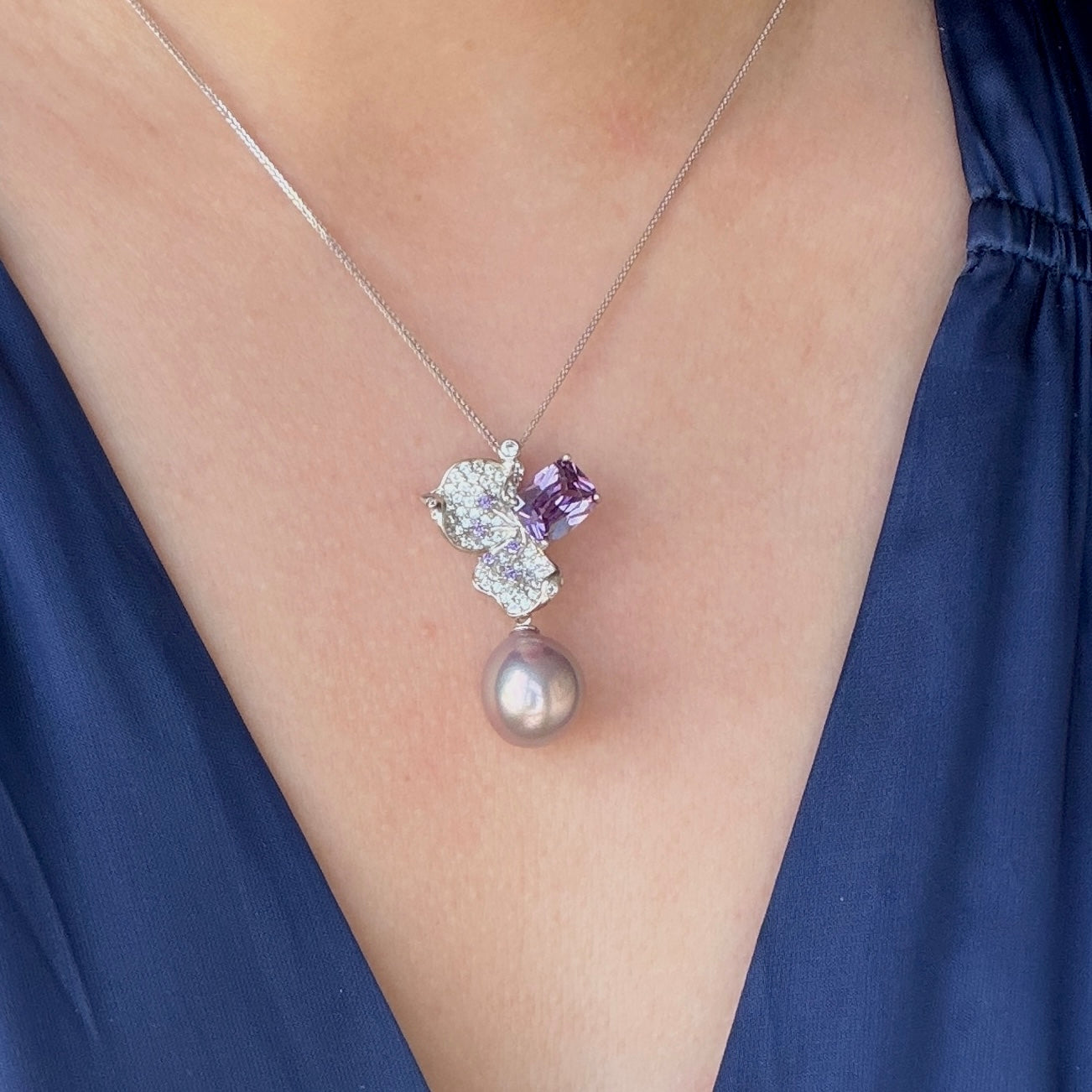 12mm metallic purple oval pearl Luxury Cz stone flower necklace s925