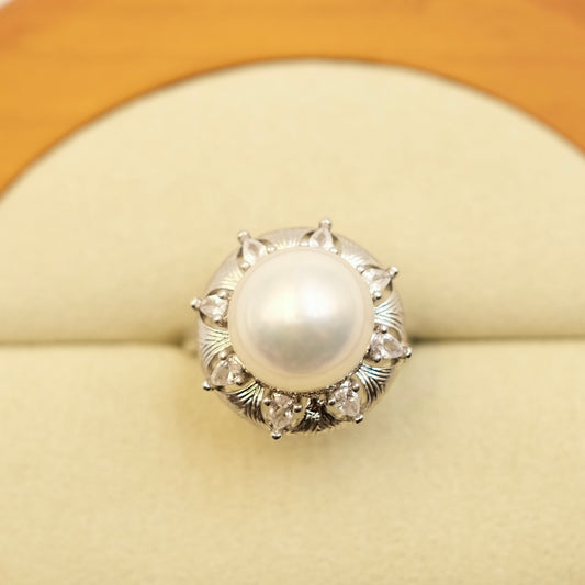 Vintage Floral White Freshwater Edison Pearl Ring Alloy with white gold plated
